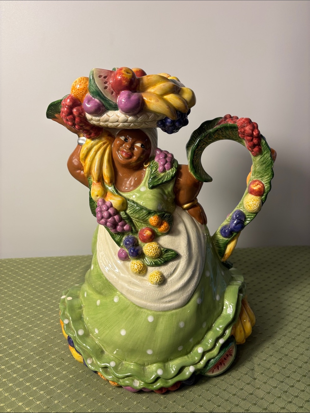 Fitz and Floyd Hand-Painted Fruit Lady Pitcher in Green and Multicolor
